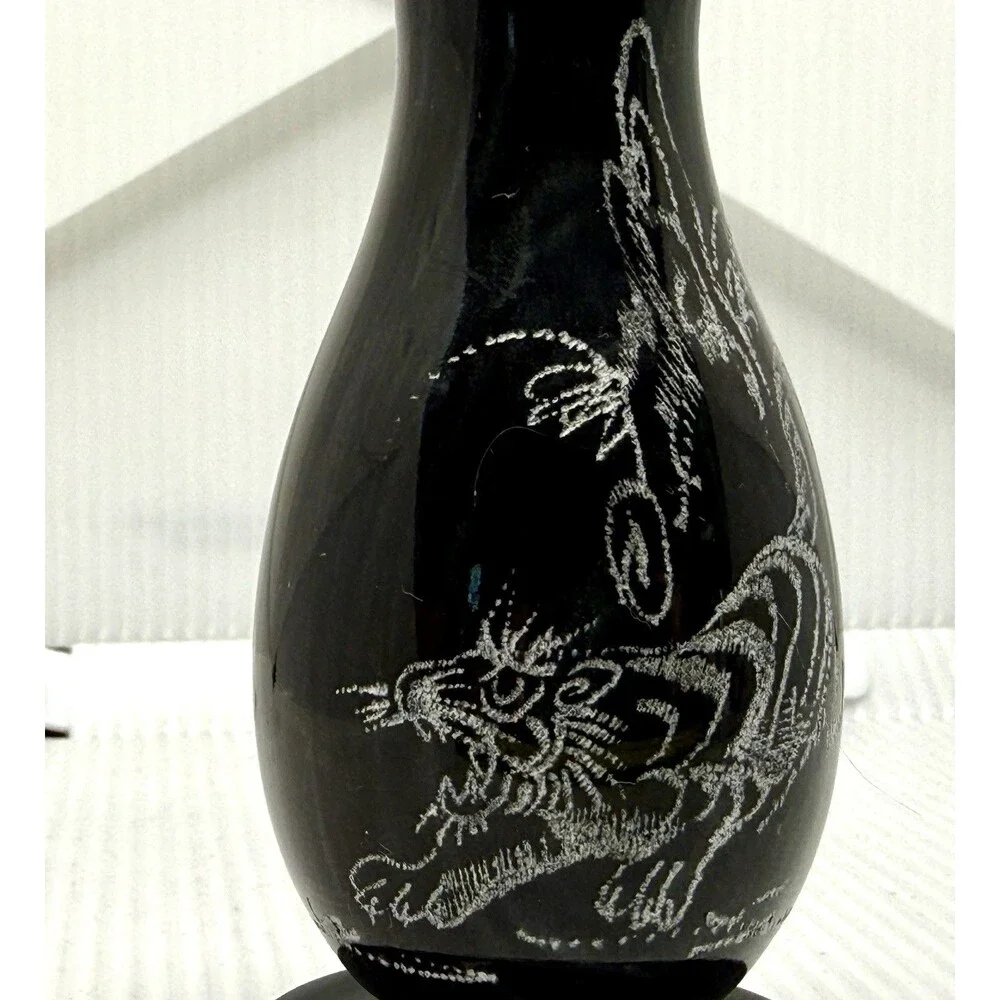 Black Marble Or Onyx Vase 5” Hand-Etched Tiger Vintage